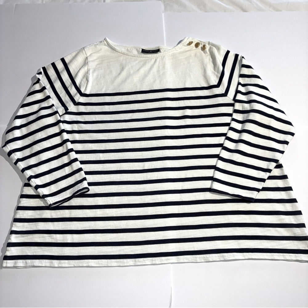 Lane Bryant Top Long Sleeve Navy White Stripe Knit 26/28 Gold Buttons Nautical